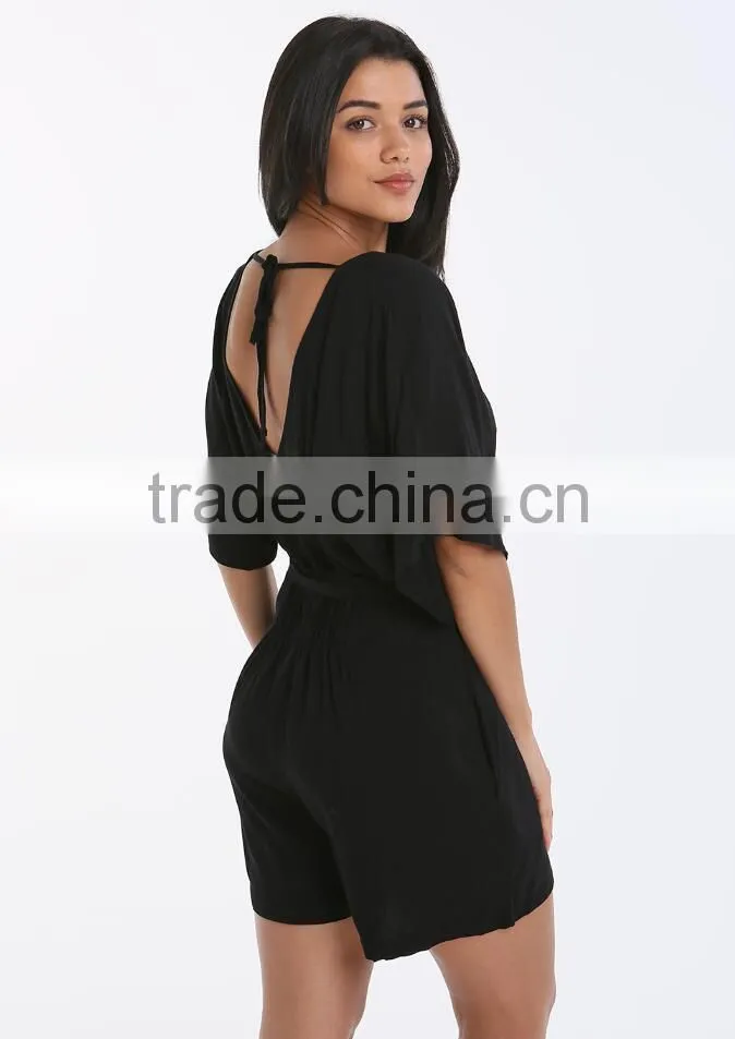 Made In China Deep V Neck Sexy Girls Wearing Jumpsuit Black Beach Wear Short Casual Summer Playsuit For Women