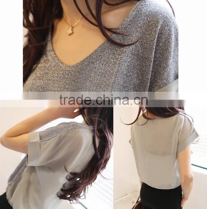 2015 New Summer Fashion Women Clothes V-Neck Patchwork Casual Tops Loose Casual Chiffon T Shirt Blouse Plus Size