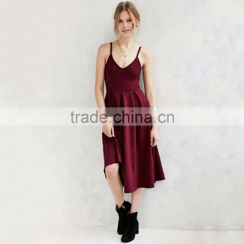 new fashion ladies dress v neck long red plain shoulder-straps elegant