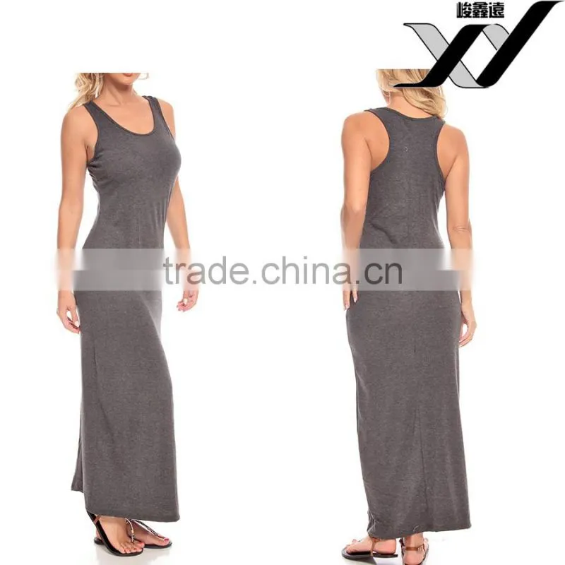 cotton spandex plain women maxi dress with scoop neck and slveeveless