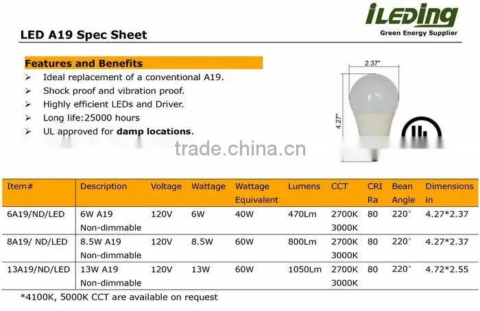 UL Approved 120V 6W 470lm A19 LED Bulb