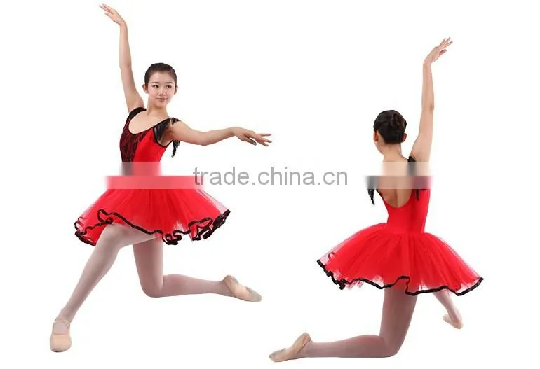 Classic Chinese Red Ballet Performance Tutu Dress With Fashionable Tassel and V Lace Front