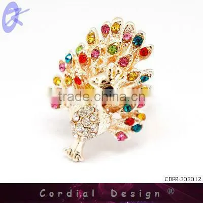 hot sale colour rhinestone fashion peacock cheap spittor ring