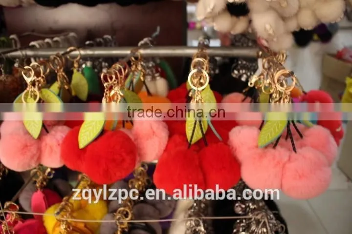 ball shape rex rabbit fur keyring/ real rex fur ball key chain with pompoms for bags