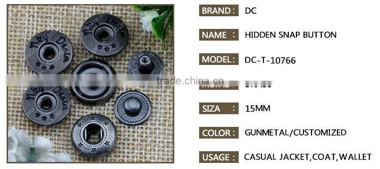 Gunmetal Press Hidden Snap Button for Jeans Wear and Casual Clothing