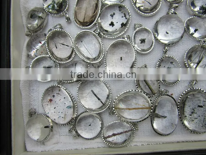 New Unique Black Rutile & Crystal Gemstone Silver Pendant, 925 Sterling Silver Jewelry
