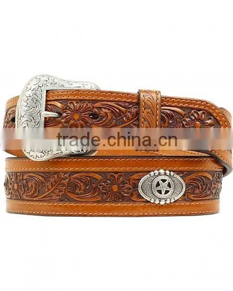 Western men floral embossed star concho leather tooled belt