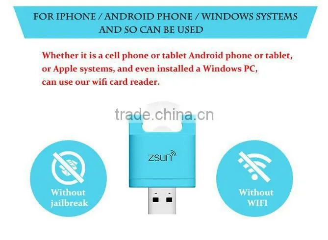 zsun WiFi Card Reader TF MicroSD USB 2.0 Flash Drive for PC Tablet Phone
