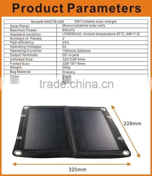 Solar power bag with 6W flexible solar panel, directly charge the sunlight