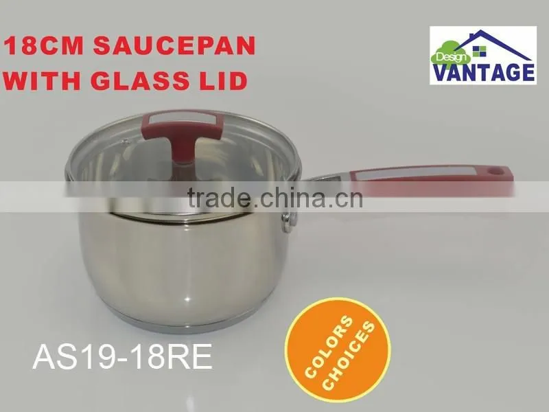 18cm saucepan with lid stainless steel cookware in red color silicon handle and knob design
