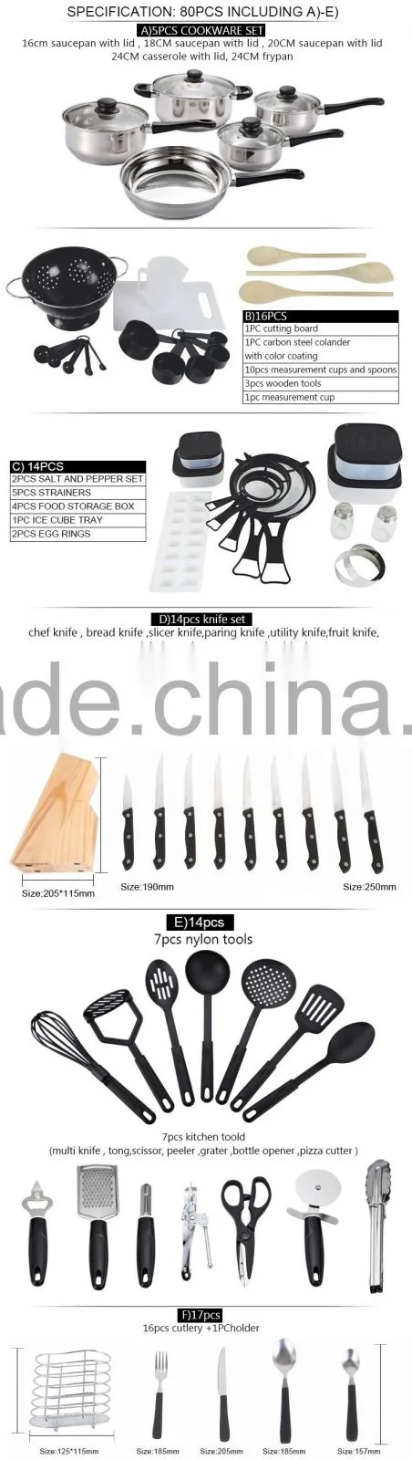 80pcs kitchen set/stainless steel cookware and utensils