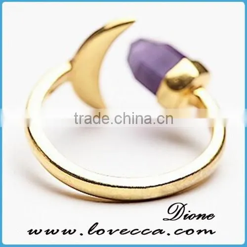 Alibaba Top Sale Natural Amethyst Bullet Shape Stone Vintage Pure Gold Ring for Woman