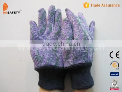 Flower Cotton Back Mini Dots On Palm Three Ribs Back Blue Knit Wrist Garden Gloves
