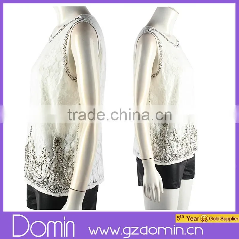 Fashion Beaded Neckline Design Sleeveless Embellished Women Lace Beaded Top