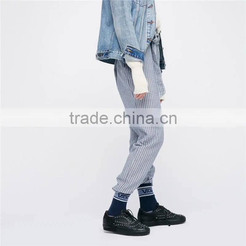 Ladies Navy Blue Jogger Pants Cotton-linen Wide Striped Trousers