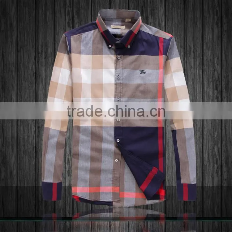 Men's office checkered long sleeve polo shirt with embriodery logo