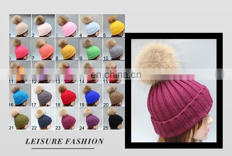Popular women men beanie hats fur poms hats fur bobble hats wholesale pom poms hats with genuine fur ball