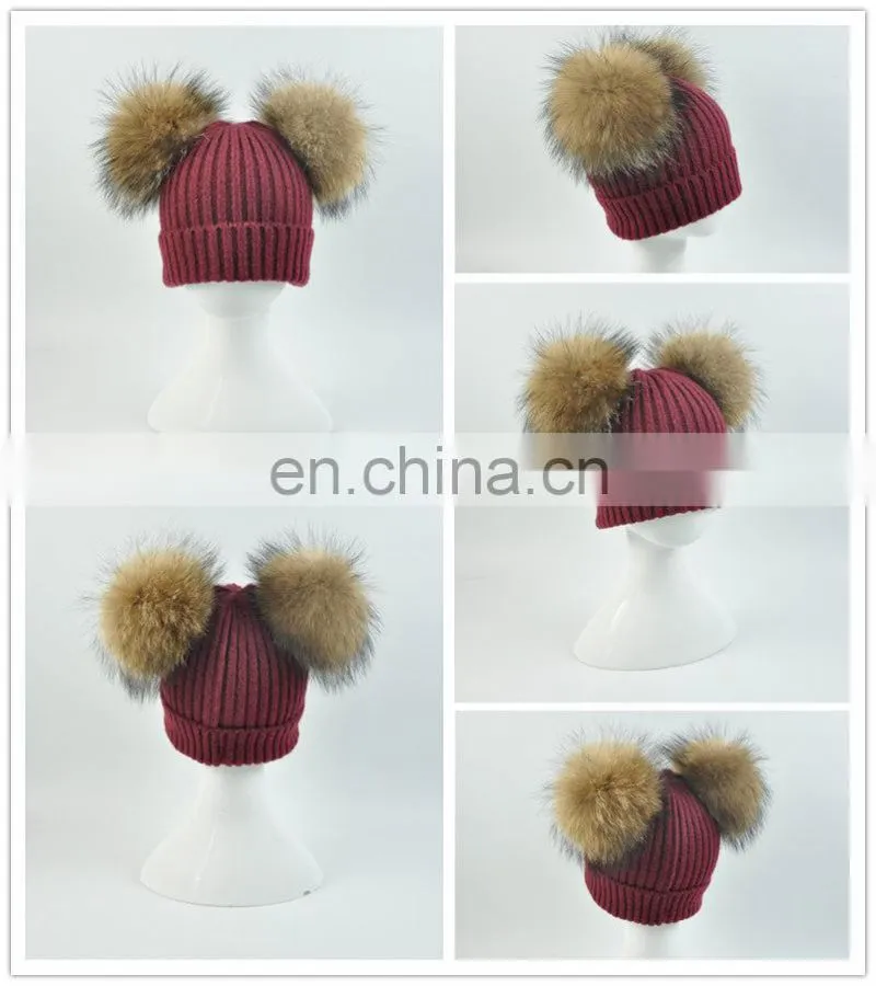 Kids Removable Fur Bobble Hat Winter Double Pom Pom Hat Crochet Kids Hat