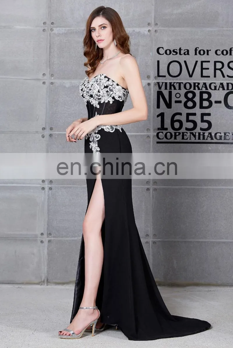 Grace Karin Hot Sale Sweetheart Neckline Chiffon Split Leg Long Black Lace Prom Dress CL7519