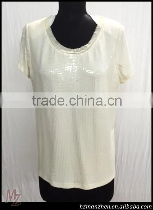 European fashion style round collar short sleeve sequined white blouse