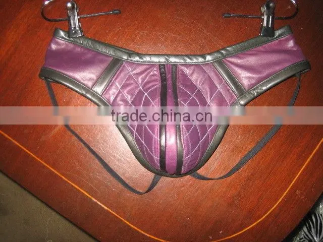 Black leather jock strap with purple strips