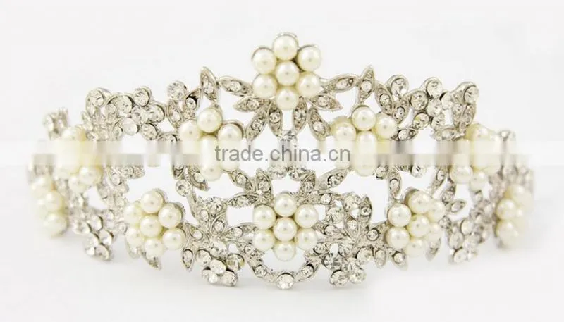 2015 Direct Manufacturer Elegant pearl alloy wedding crown for bride