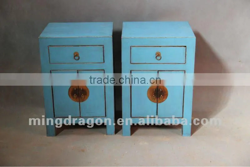 Chinese antique furniture pine wood white/blue bedside cabinet