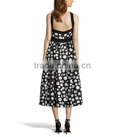 Black And Ivory Polka Dot Patterned Chiffon Midi Semi Formal Dresses