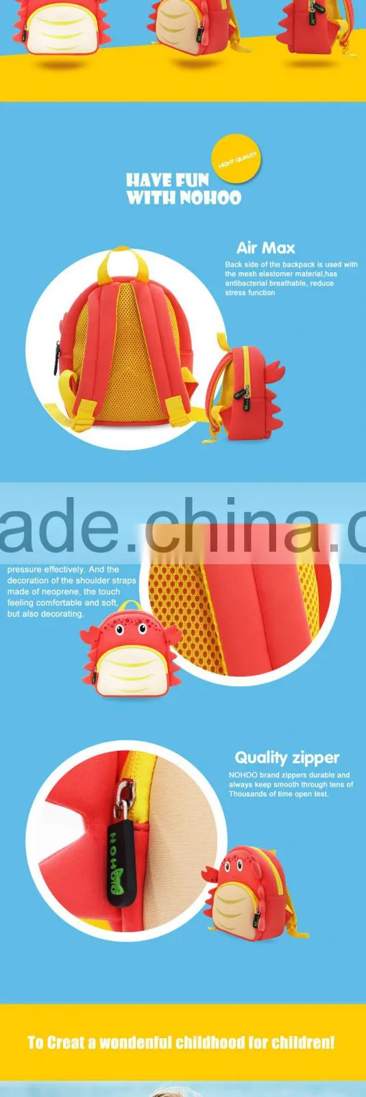 2016 New arrival 3 to 8 Years Old kids School Knapsack Cute Cartoon Crab bag