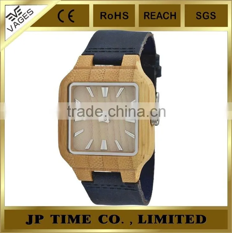 square case analog quartz wooden watch leather Japan movement laser logo