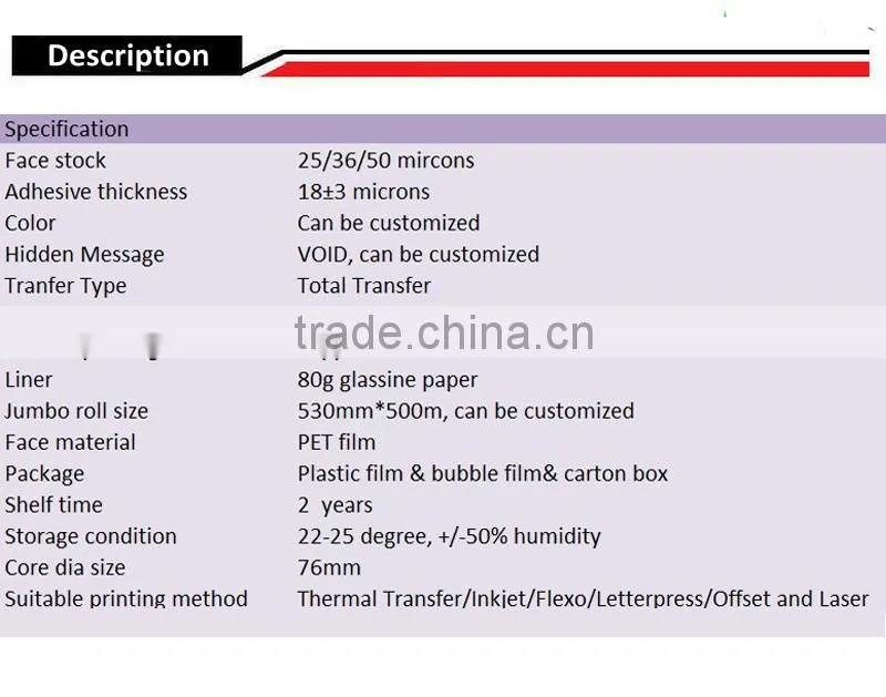 Total transfer Tamper evident label material white label material