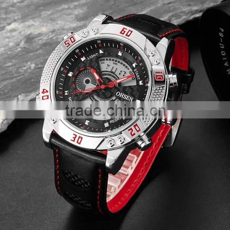 WJ-5446 genuine leather strap IP plating high quality double show Ohsen waterproof men sport watch