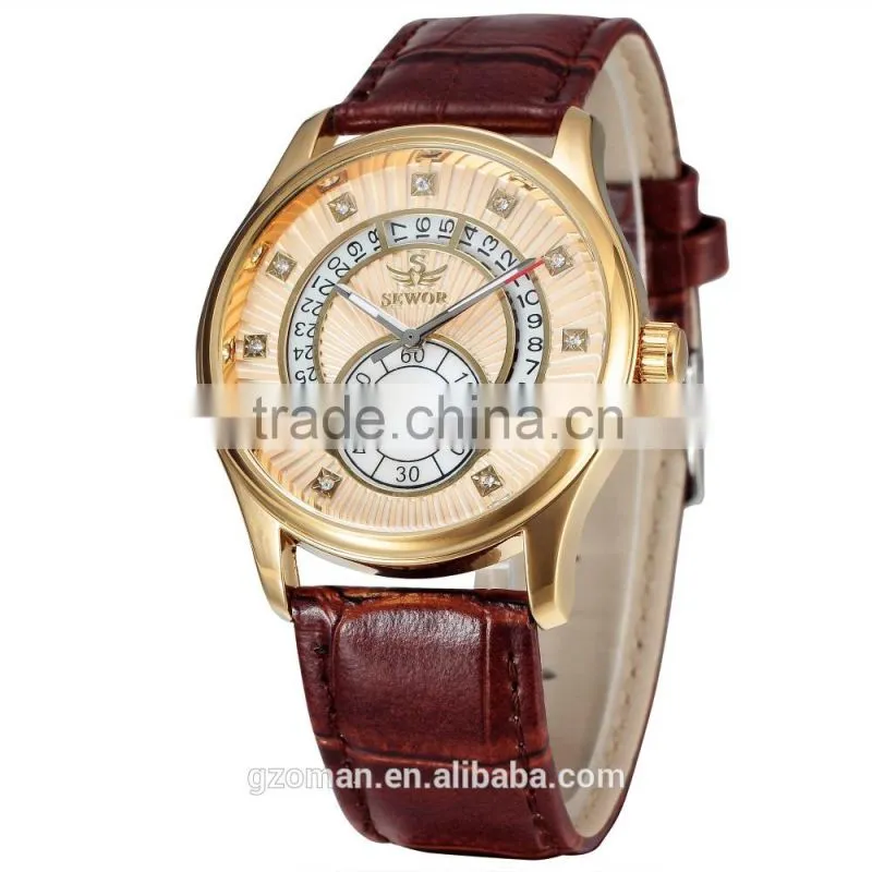 genuine leather strap man automatic watch 6hands wrist watch with diamond