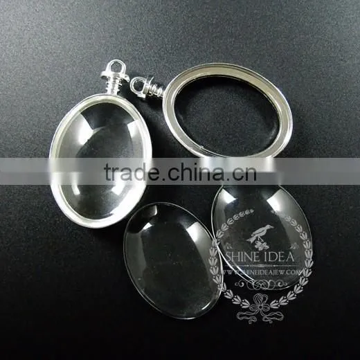 30*40mm silver plated alloy oval photo frame glass pendant charm DIY bezel setting with glass tray jewelry supplies 1820286