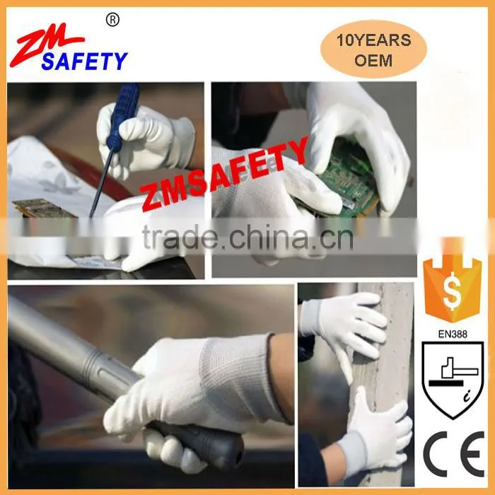 Cheapest White Palm Fit Nylon PU Gloves 4131for Electronics Automotive Assembly