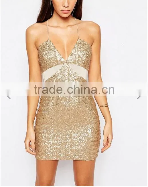 Guangzhou clothing OEM Golden Sequin Mini Dress Sexy Women Dress China Photos