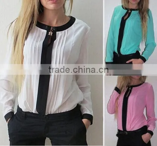 Morality Womens Chiffon Long Sleeve Crew Neck Loose Summer Casual Tops Blouse