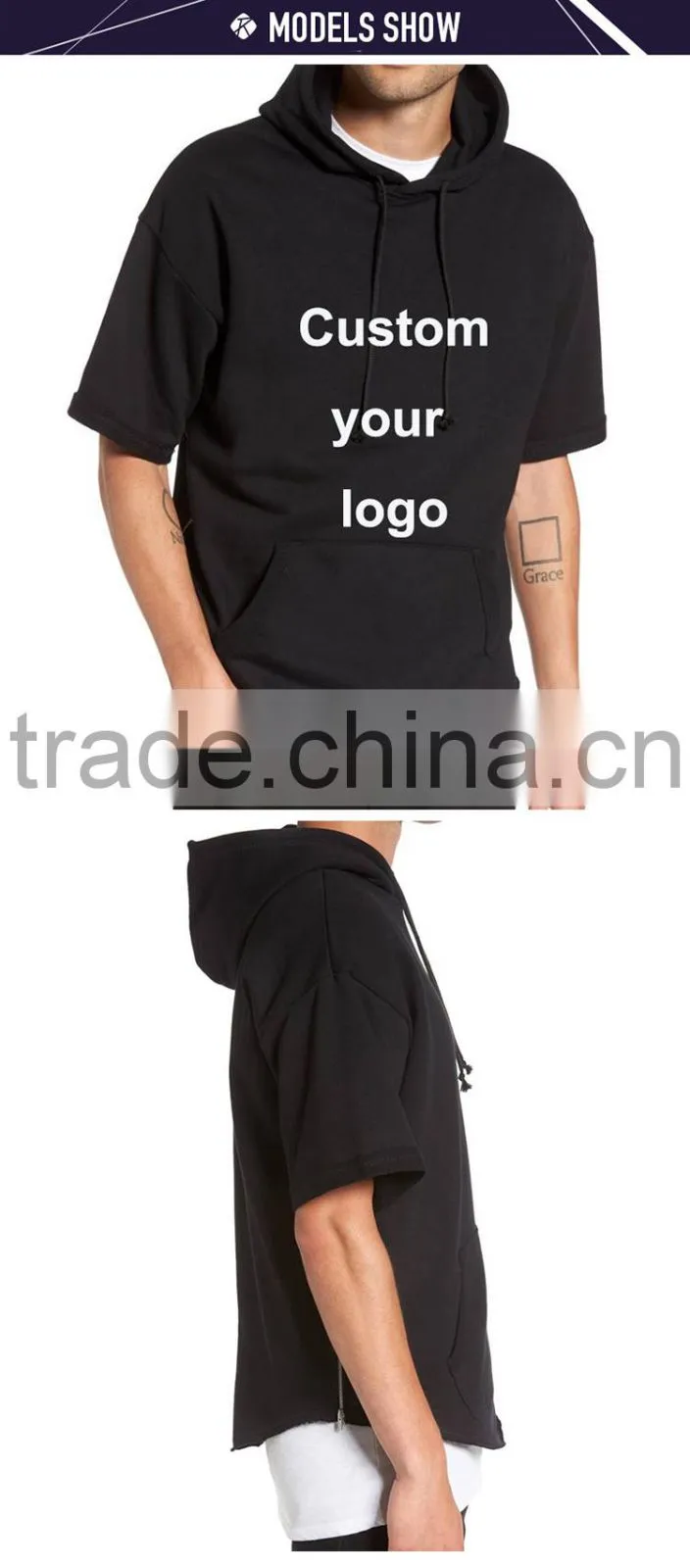 Wholesale custom logo printing short sleeve blank hoodies sweatshirts with side zips