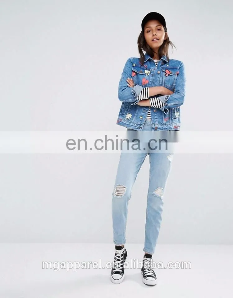 New design 100% Cotton jeans jacket women Badge Detail jean jacket wholesale