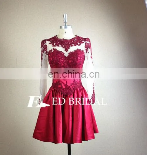 Sexy Lace Appliques Satin Wine Red Short Evening Dress Long Sleeve