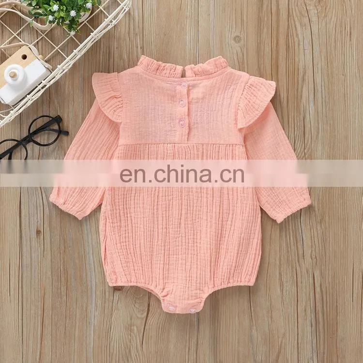 Wholesale Fashion Romper Full Sleeve Ruffle Flower Embroidery Baby Linen Romper