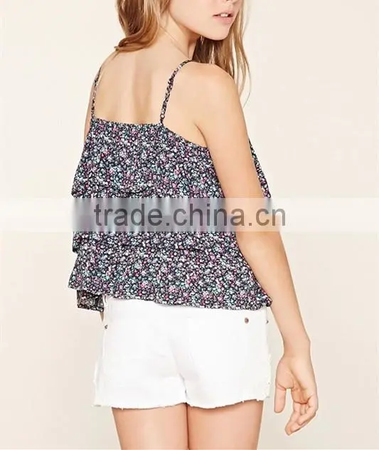 Girls cool summer tops 2016 floral print adjustable strap cami