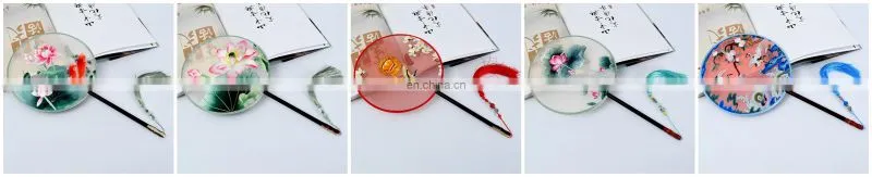 Chinese style multi-pattern silk embroidery dual-faced handmade round fan with long handle and tassel pendant(19*37cm)
