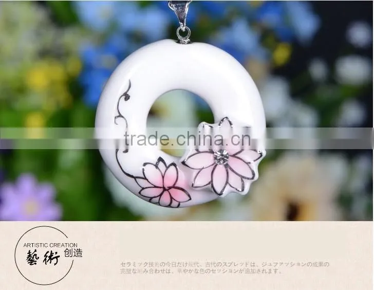 Czech diamond paved enamel famille rose porcelain glazed pendant necklace