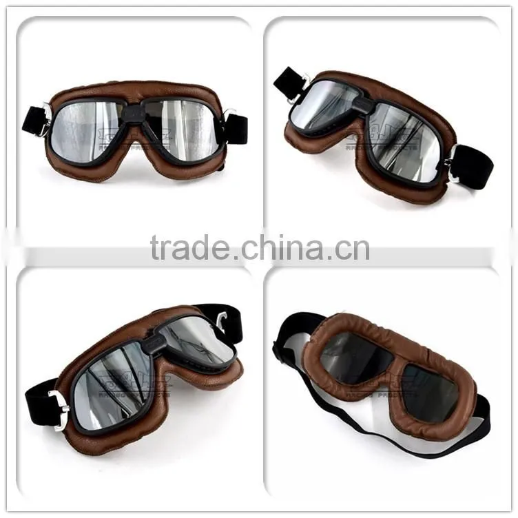 BJ-GT-009 Soft Padded Silver Lens Leather Goggles Motorcycle