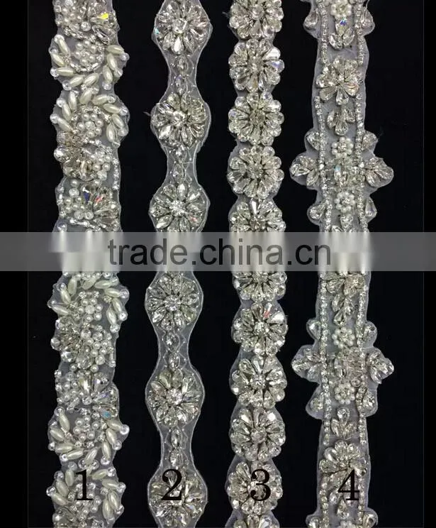 New Design Bridal Beaded Rhinestone Trimming Applique For Wedding Sash Crystal Bridal Applique For Wedding Dress