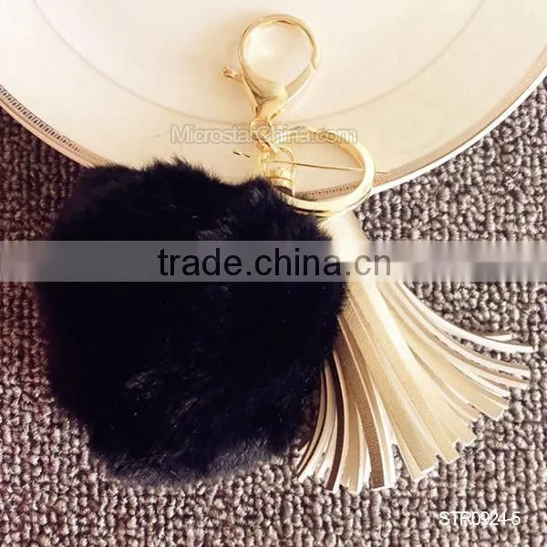 Promotion In Stock Rabbit Fur Ball Leather Tassel Key Chain