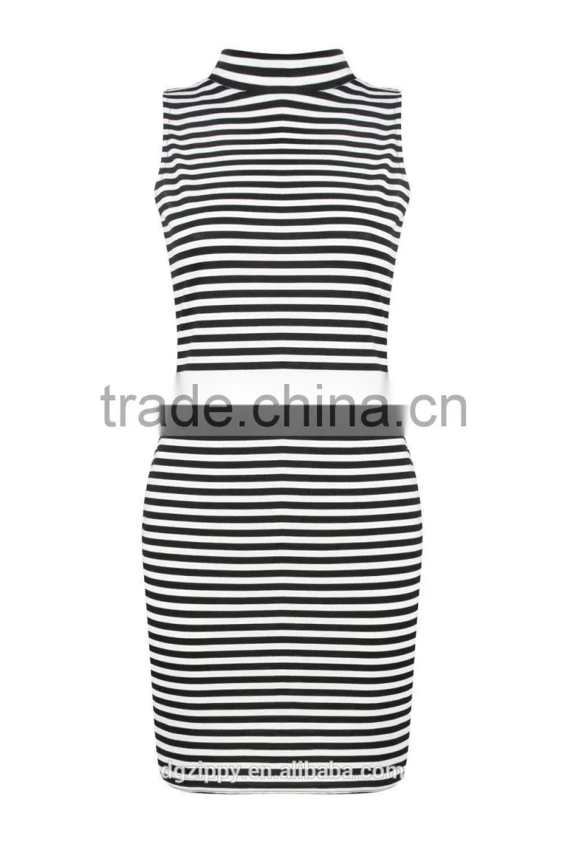 New fashion lady dress bodycon fit dress tripe high neck fashion dress 2015