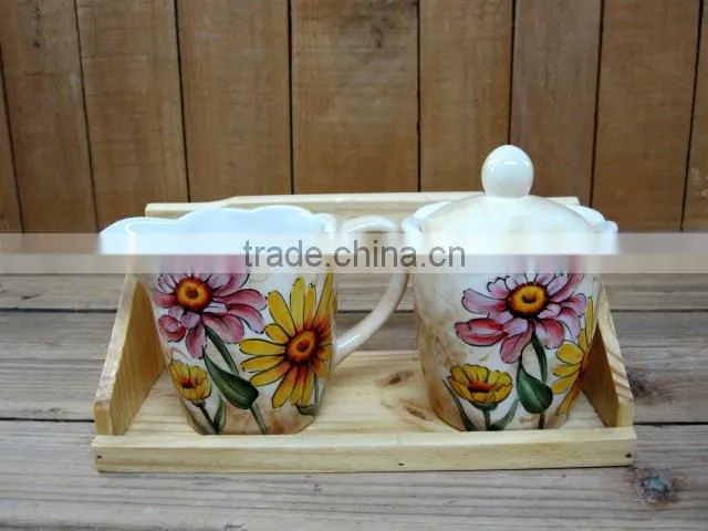 Wholesale Ceramic Creamer and Sugar Canister Set with Bamboo Stand