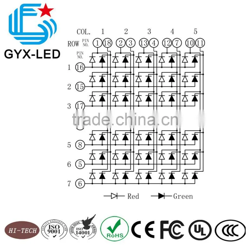 Rohs compliant red and green color 5*7 dots LED dot matrix display